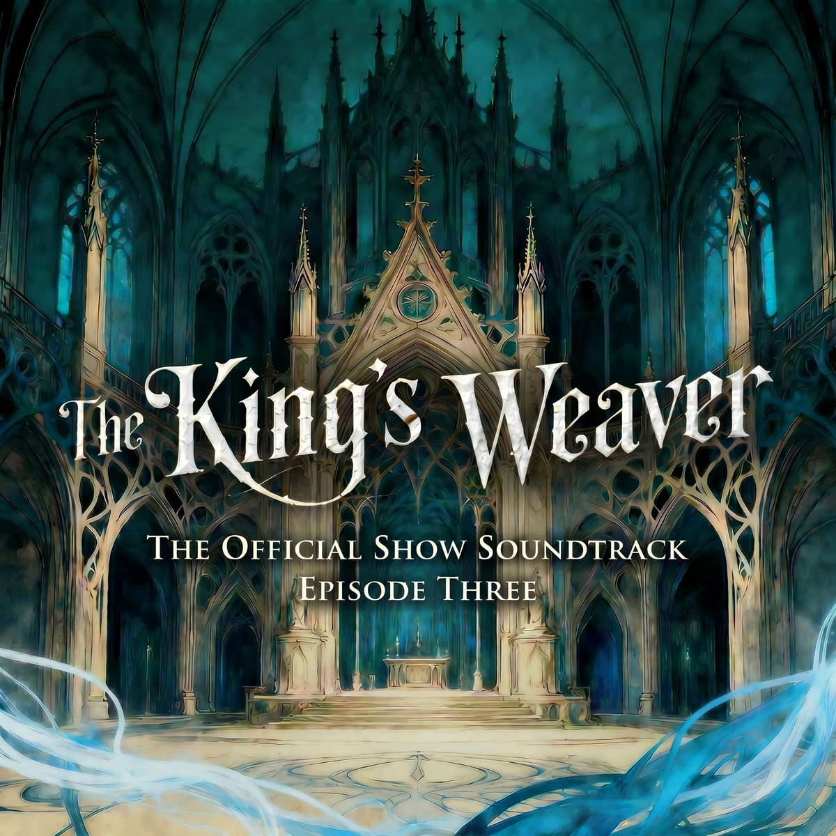 Album cover for "The King's Weaver: The Official Show Soundtrack, Episode Three," featuring a painted teal-toned Gothic cathedral interior with soaring arches and glowing blue magical light swirling across the floor.
