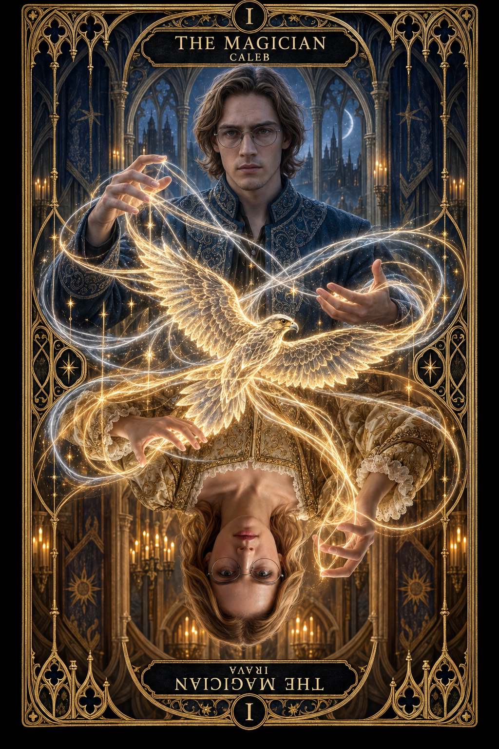 A fantasy tarot-style card titled 'The Magician' showing a man in ornate clothing with glowing golden light trails and a large bird motif, plus a mirrored figure below, all framed by an elaborate gothic architectural border.
