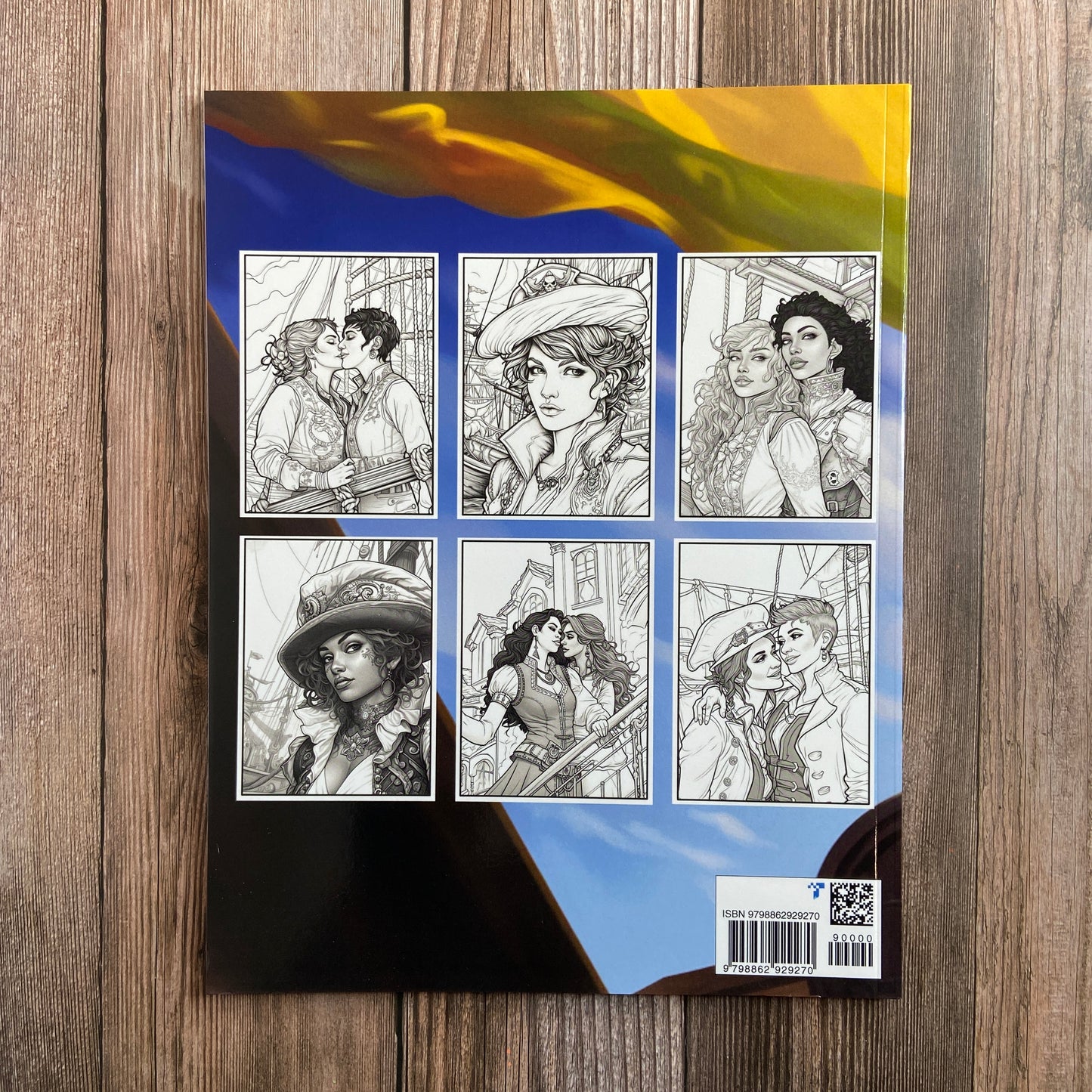 The back of a coloring book titled "The Sapphic Pirate Coloring Book: 30 Grayscale and Line Art Coloring Pages" by N.C. Starshadow, featuring six sample images of the pages within.