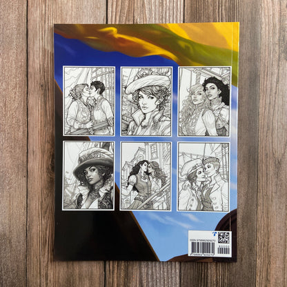 The back of a coloring book titled "The Sapphic Pirate Coloring Book: 30 Grayscale and Line Art Coloring Pages" by N.C. Starshadow, featuring six sample images of the pages within.