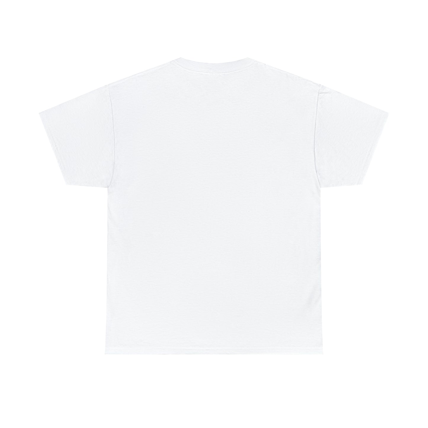 The back of a white t-shirt; the front (not pictured) displays a black and white image of two sapphic cyborgs with foreheads together and eyes closed in a romantic scene.