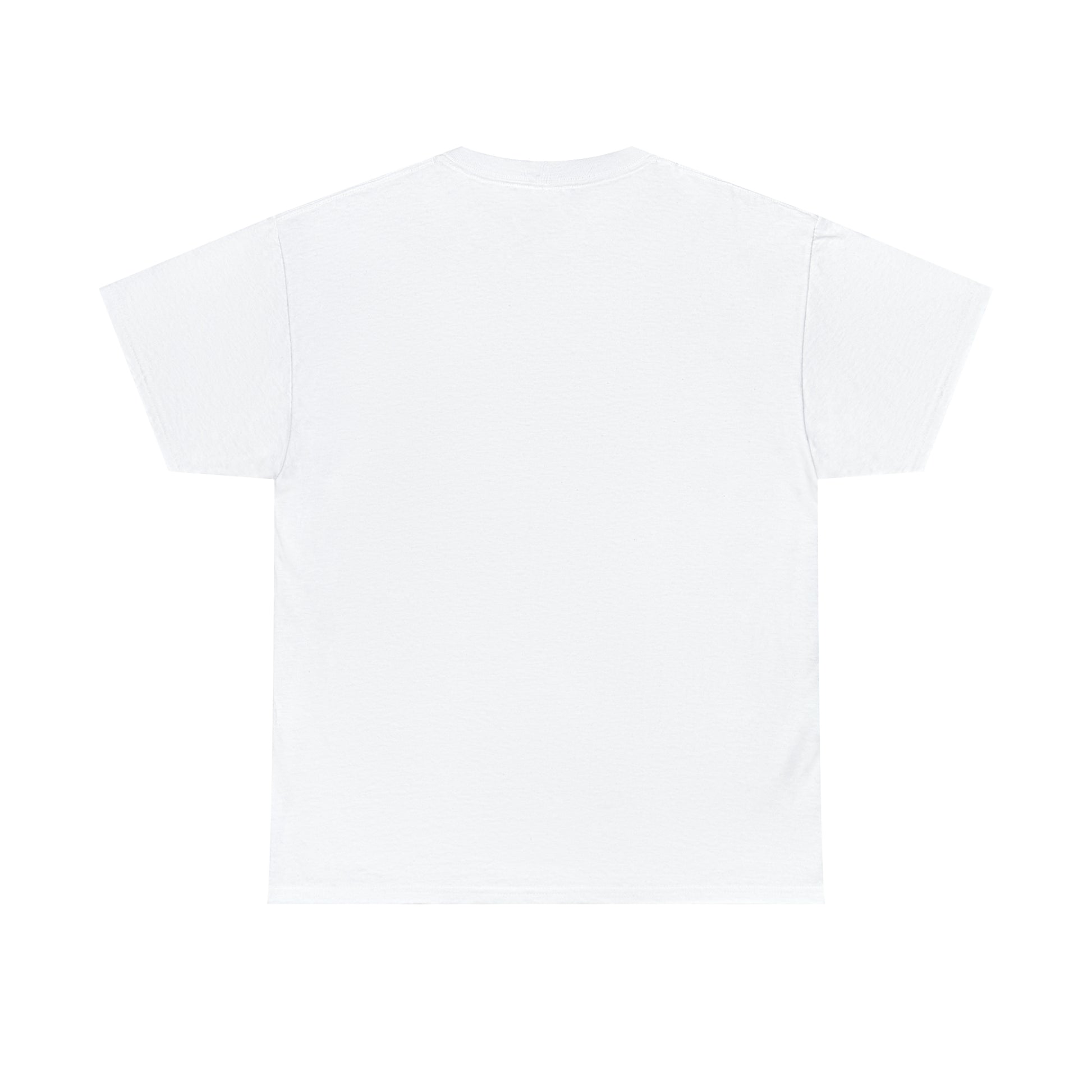 The back of a white t-shirt; the front (not pictured) displays a black and white image of two sapphic cyborgs with foreheads together and eyes closed in a romantic scene.