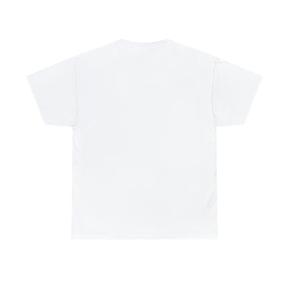 The back of a white t-shirt; the front (not pictured) displays a black and white image of two sapphic cyborgs with foreheads together and eyes closed in a romantic scene.