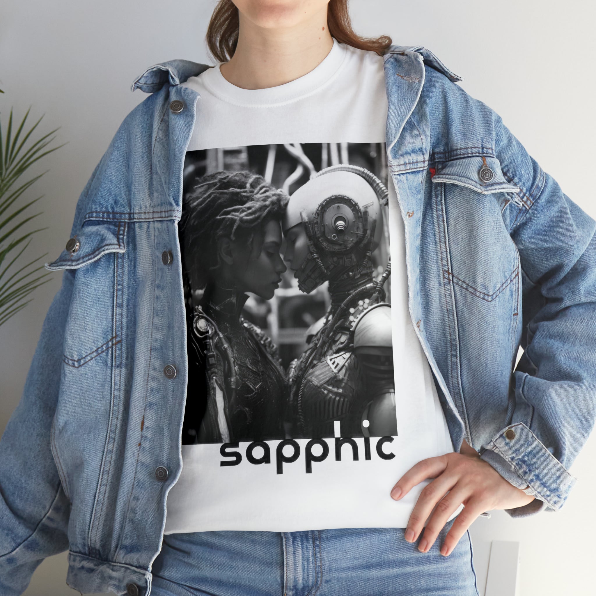 Mockup of a woman wearing a medium fabric denim jacket and white t-shirt; the t-shirt displays a black and white image of two sapphic cyborgs with foreheads together and eyes closed in a romantic scene.
