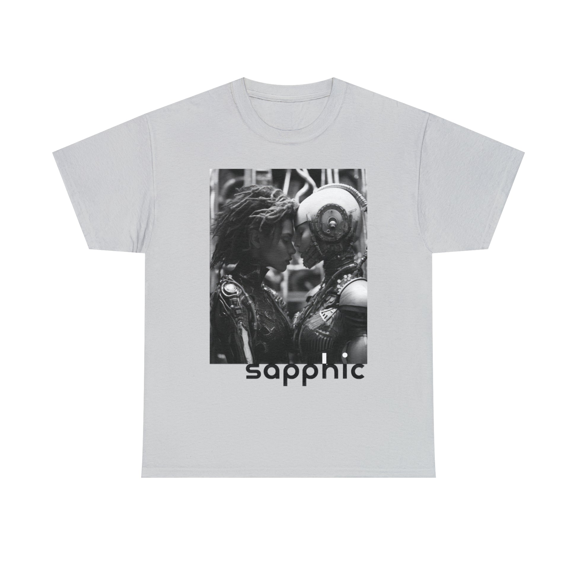 A ice-grey-colored t-shirt displaying a black and white image of two sapphic cyborgs with foreheads together and eyes closed in a romantic scene.
