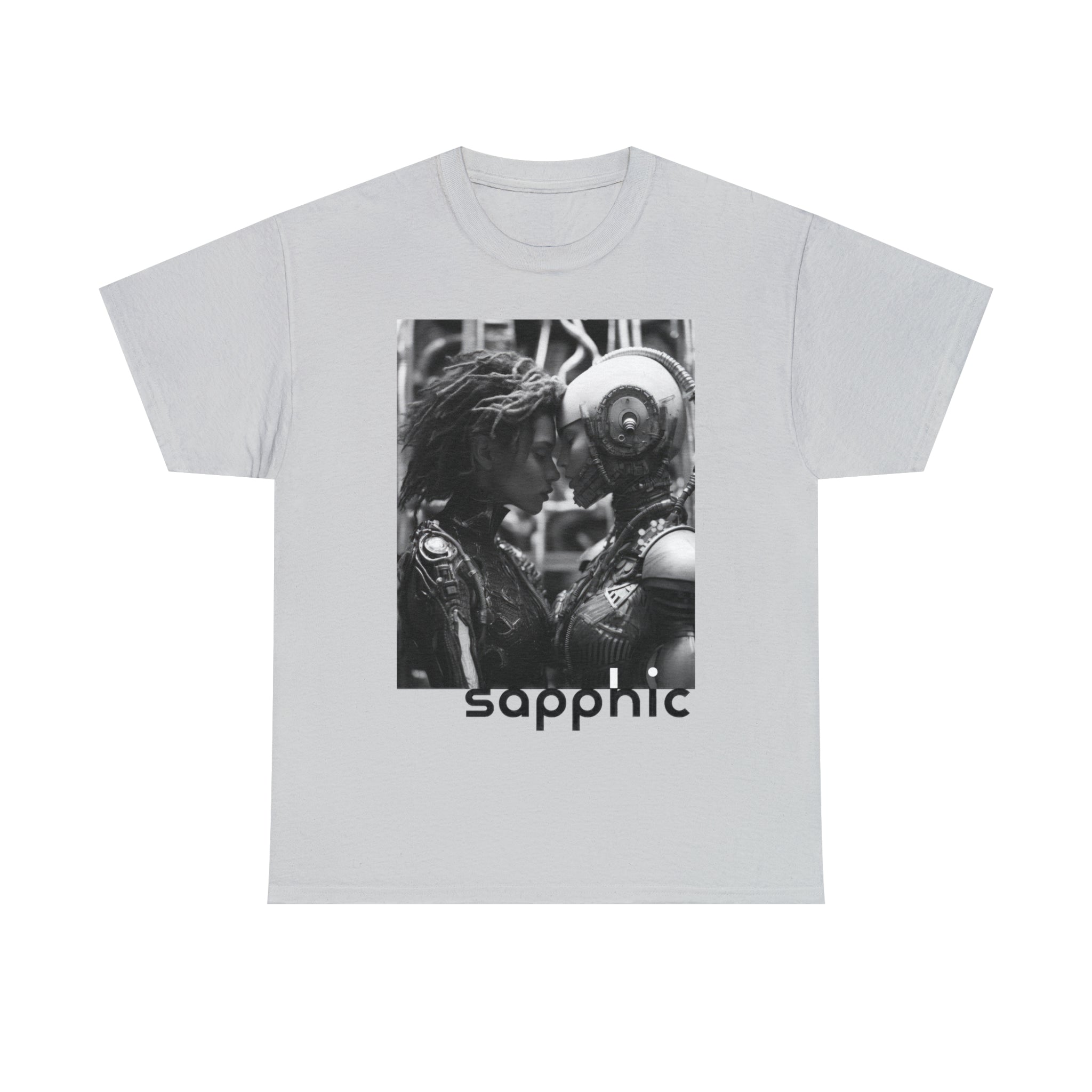 A ice-grey-colored t-shirt displaying a black and white image of two sapphic cyborgs with foreheads together and eyes closed in a romantic scene.