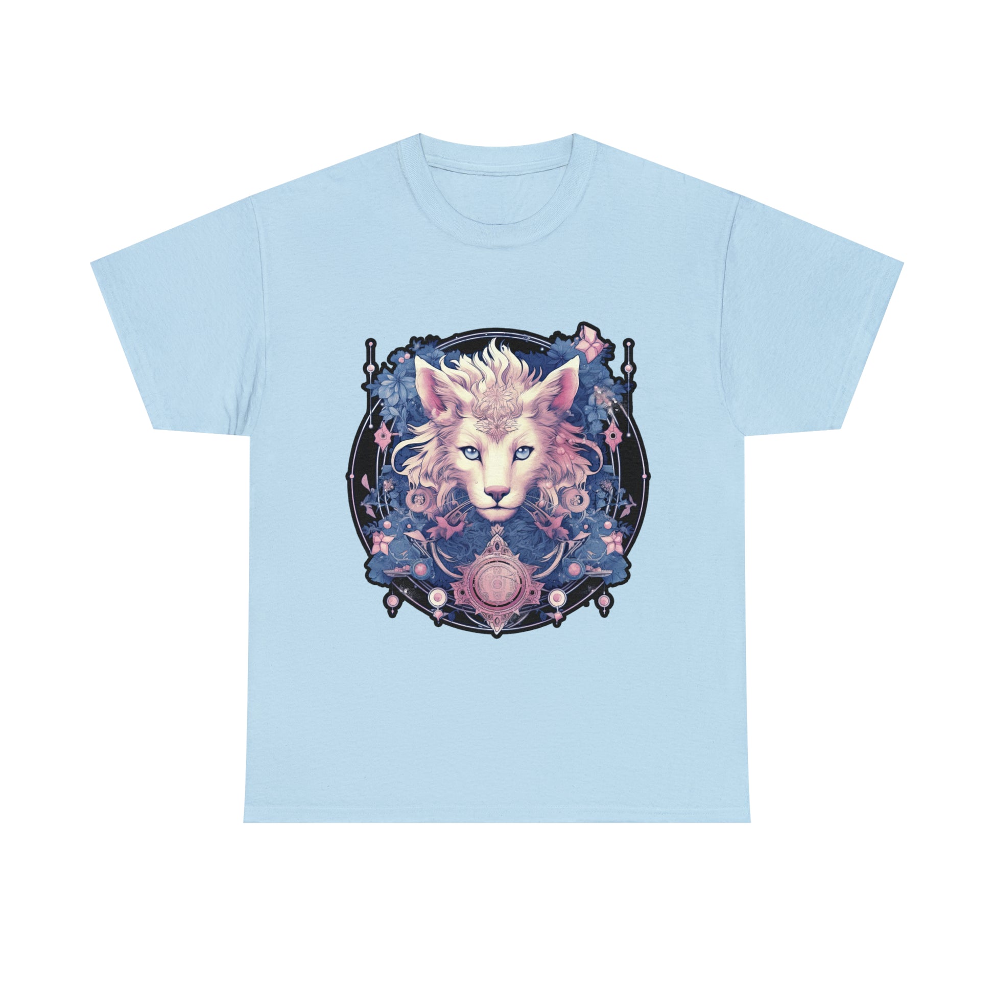A light blue t-shirt displays a psychedelic cat in the Transgender Pride flag colors.