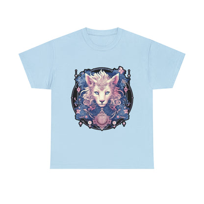 A light blue t-shirt displays a psychedelic cat in the Transgender Pride flag colors.