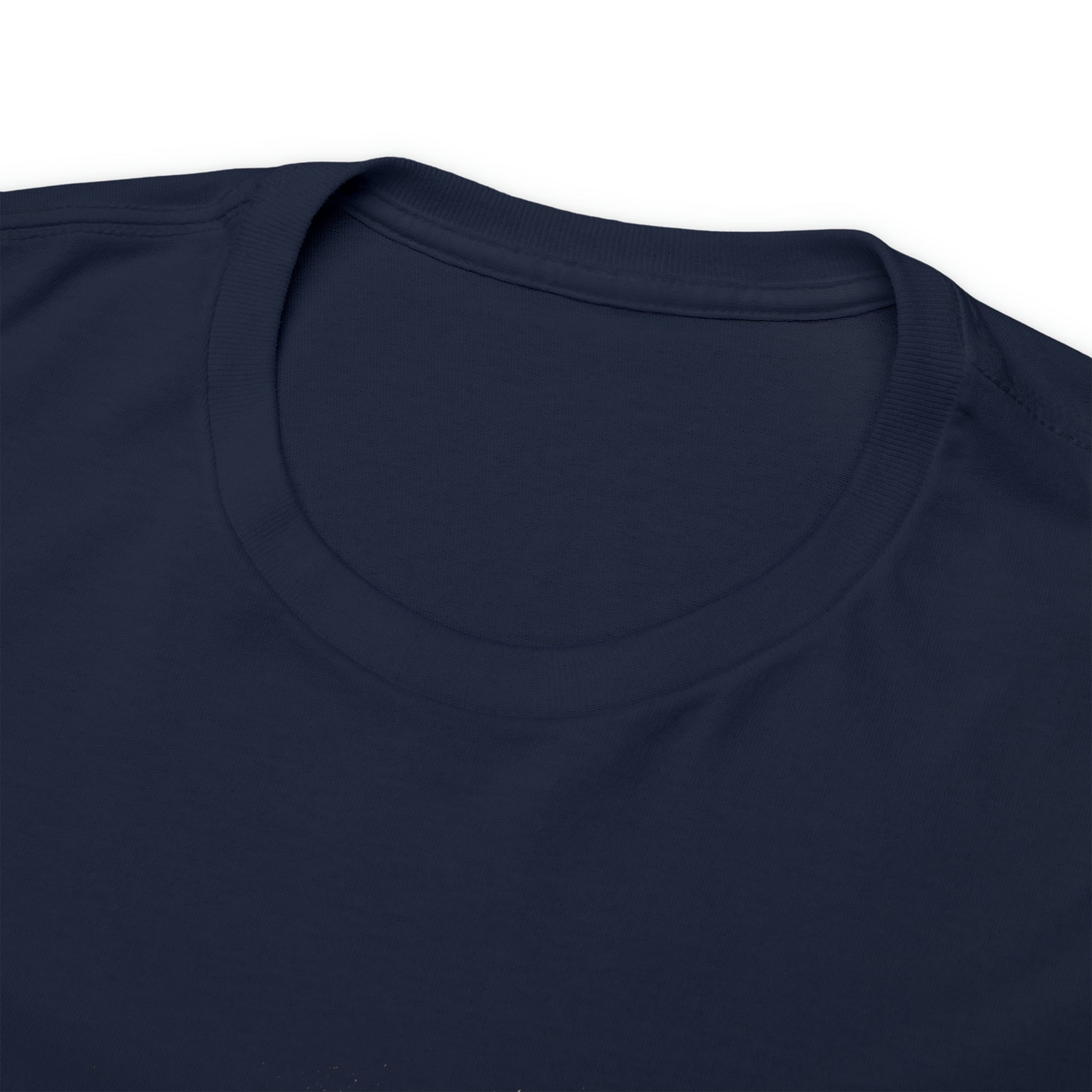 Close-up of the tagless collar of a black t-shirt; the shirt image (not pictured) displays two futuristic, sapphic astronauts kissing outlined in red-and-blue bordered circle.