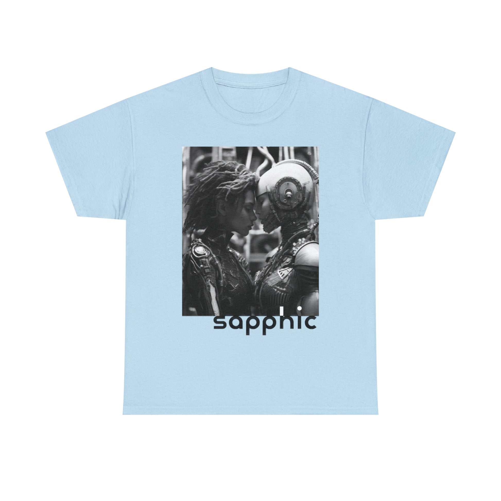 A light blue t-shirt displaying a black and white image of two sapphic cyborgs with foreheads together and eyes closed in a romantic scene.