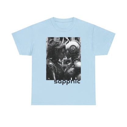 A light blue t-shirt displaying a black and white image of two sapphic cyborgs with foreheads together and eyes closed in a romantic scene.