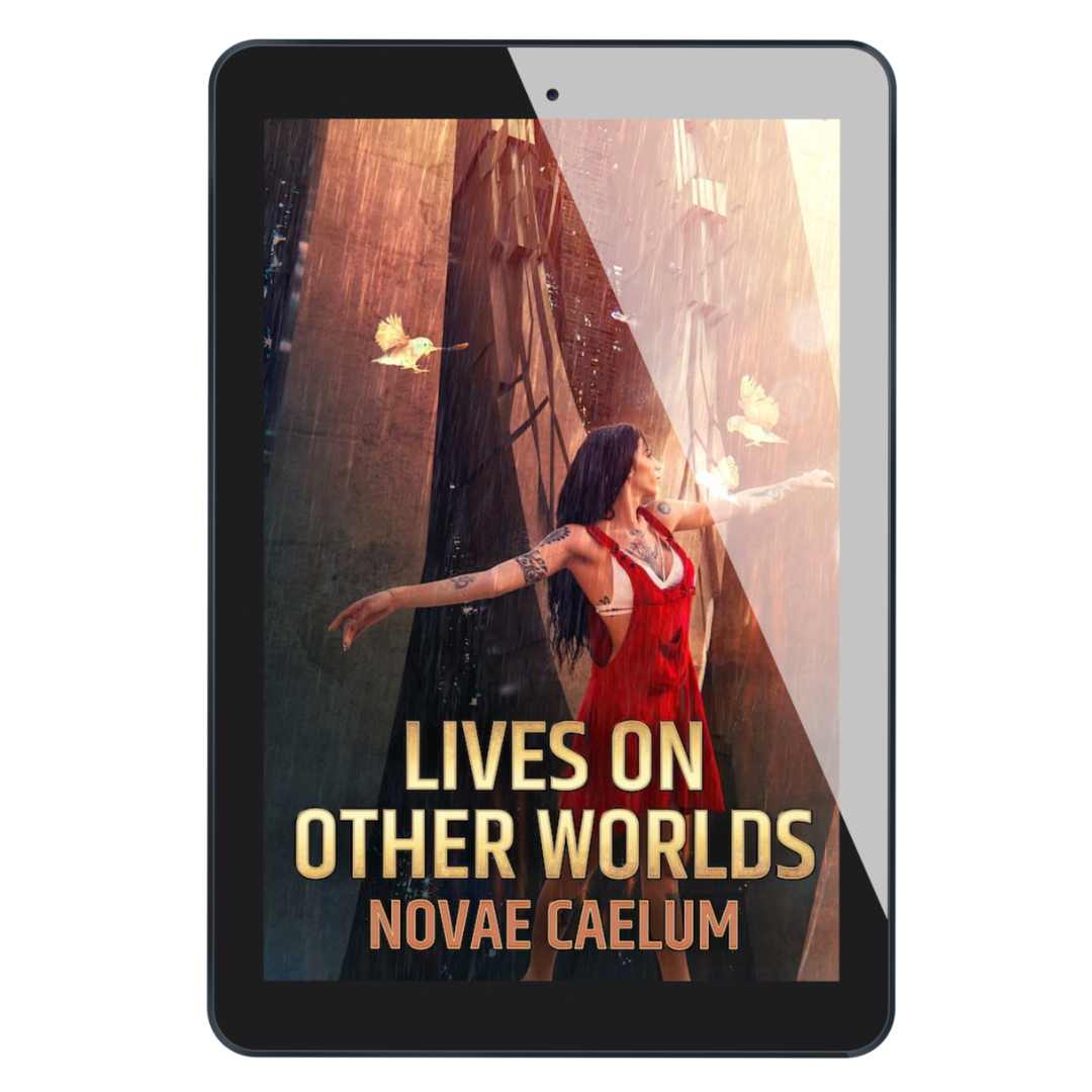 A tablet displaying the cover of the book "Lives on Other Worlds: Short Stories" by Novae Caelum, featuring an image of a woman in a sleeveless dress with outstretched arms.