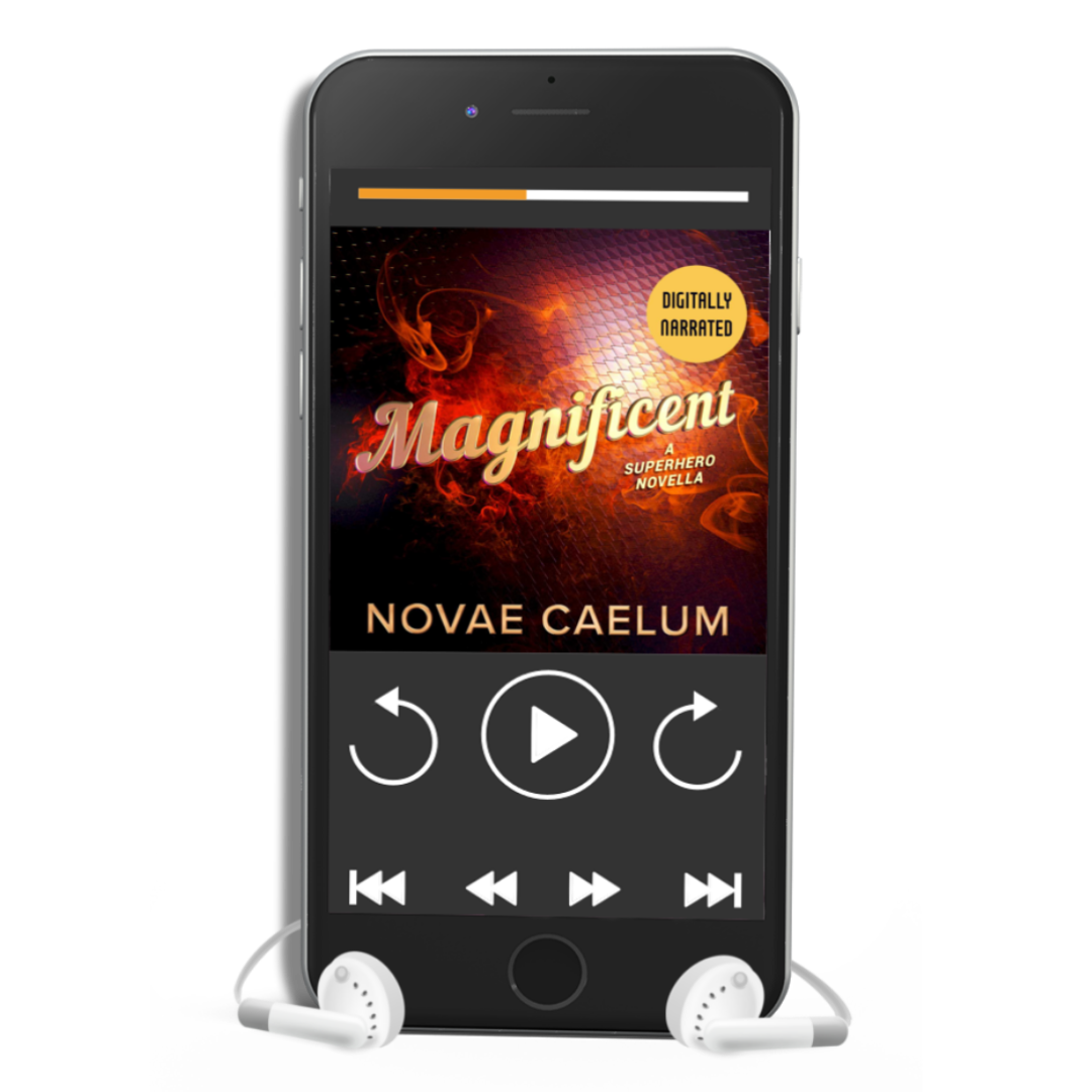 Smartphone displaying a digitally narrated audiobook titled "Magnificient: A Nonbinary Superhero Novella" by Novae Caelum with white earphones plugged in. The screen shows playback controls and an image of swirling red smoke on a black backdrop.