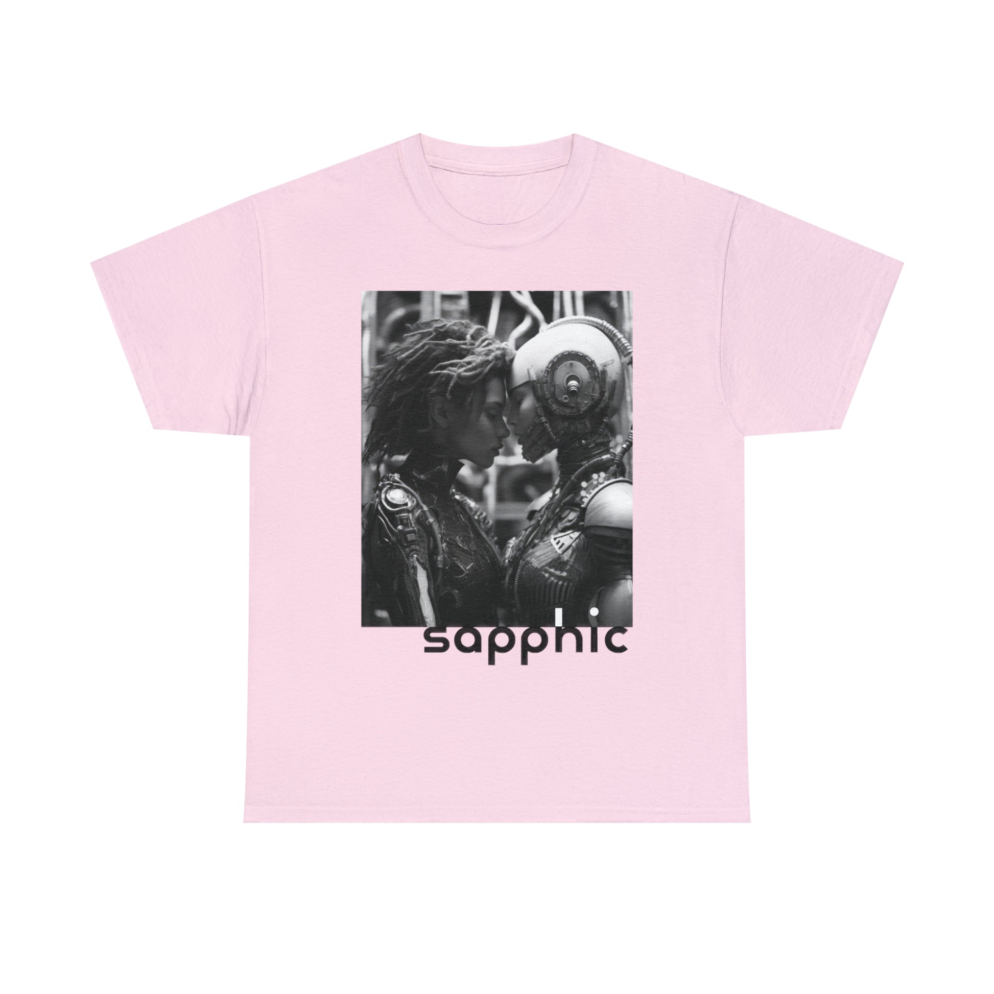 A light pink t-shirt displaying a black and white image of two sapphic cyborgs with foreheads together and eyes closed in a romantic scene.