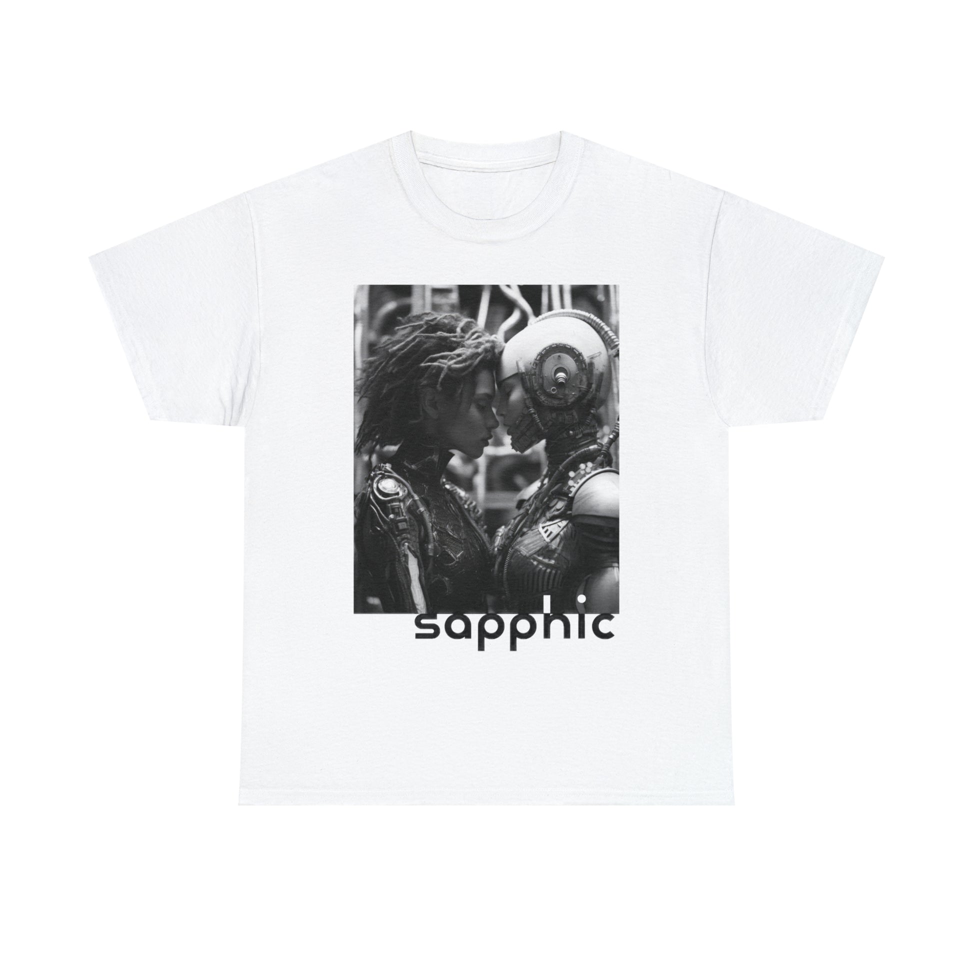 A white t-shirt displaying a black and white image of two sapphic cyborgs with foreheads together and eyes closed in a romantic scene.