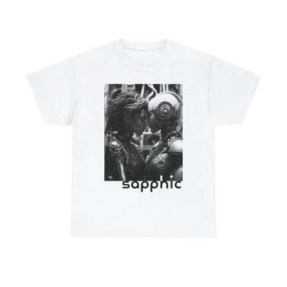 A white t-shirt displaying a black and white image of two sapphic cyborgs with foreheads together and eyes closed in a romantic scene.