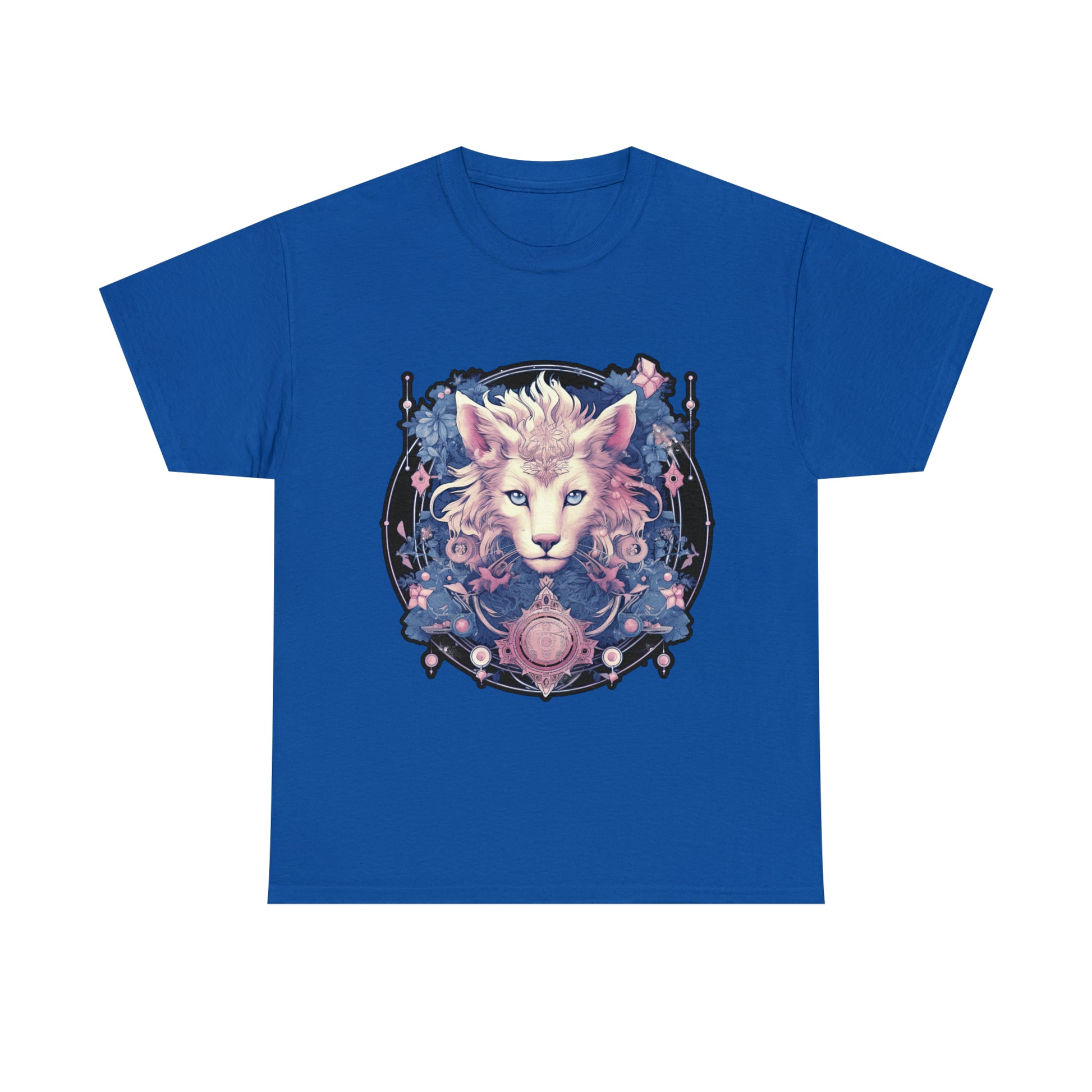 A royal blue t-shirt displays a psychedelic cat in the Transgender Pride flag colors.