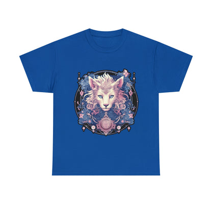 A royal blue t-shirt displays a psychedelic cat in the Transgender Pride flag colors.