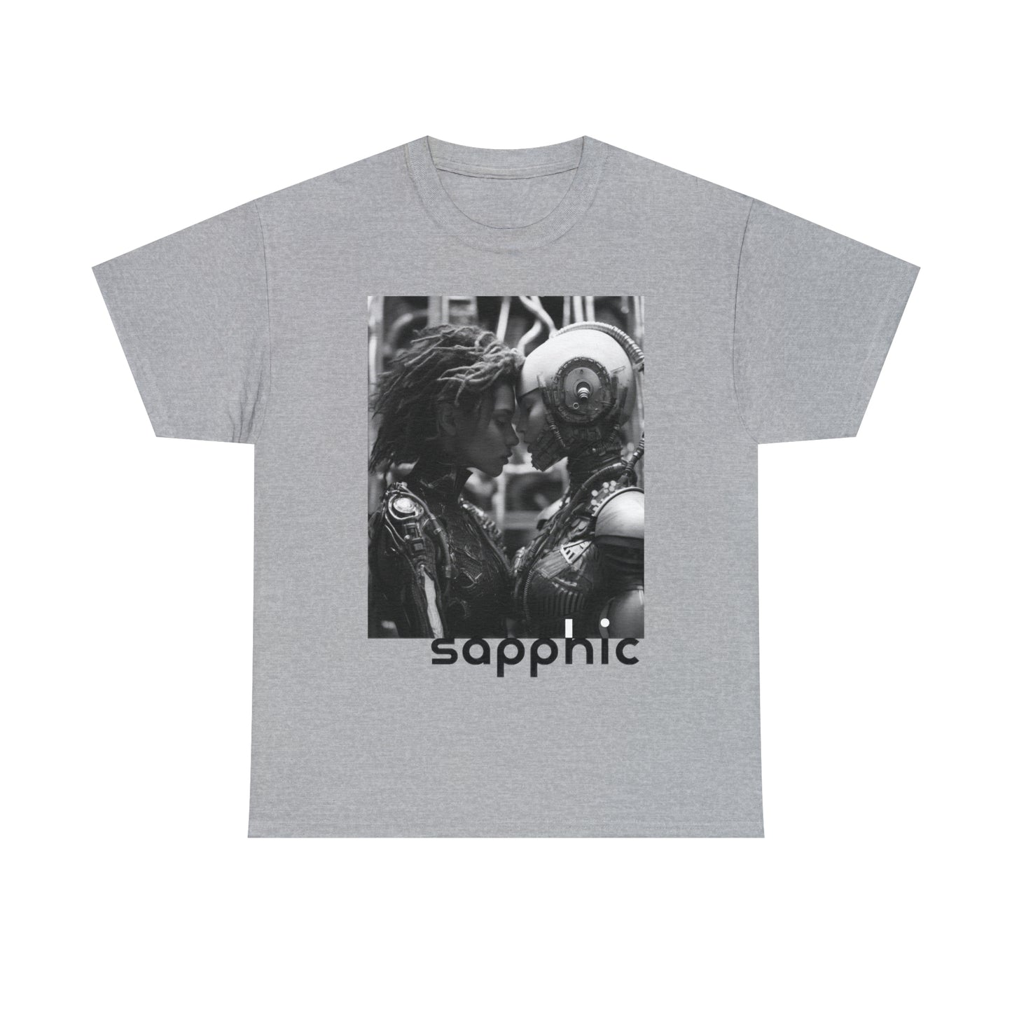 A sport-grey-colored t-shirt displaying a black and white image of two sapphic cyborgs with foreheads together and eyes closed in a romantic scene.