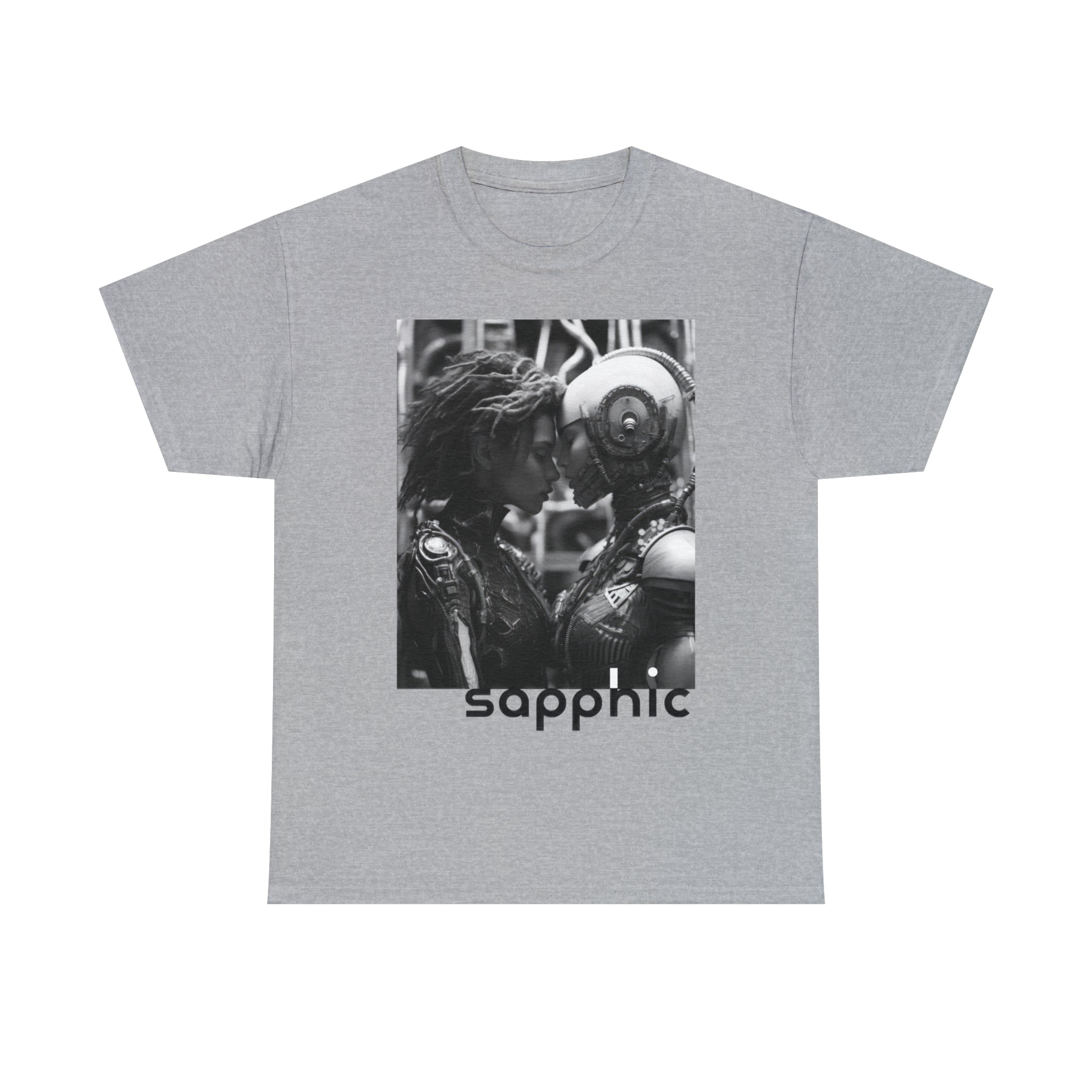 A sport-grey-colored t-shirt displaying a black and white image of two sapphic cyborgs with foreheads together and eyes closed in a romantic scene.