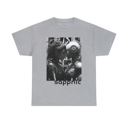 A sport-grey-colored t-shirt displaying a black and white image of two sapphic cyborgs with foreheads together and eyes closed in a romantic scene.