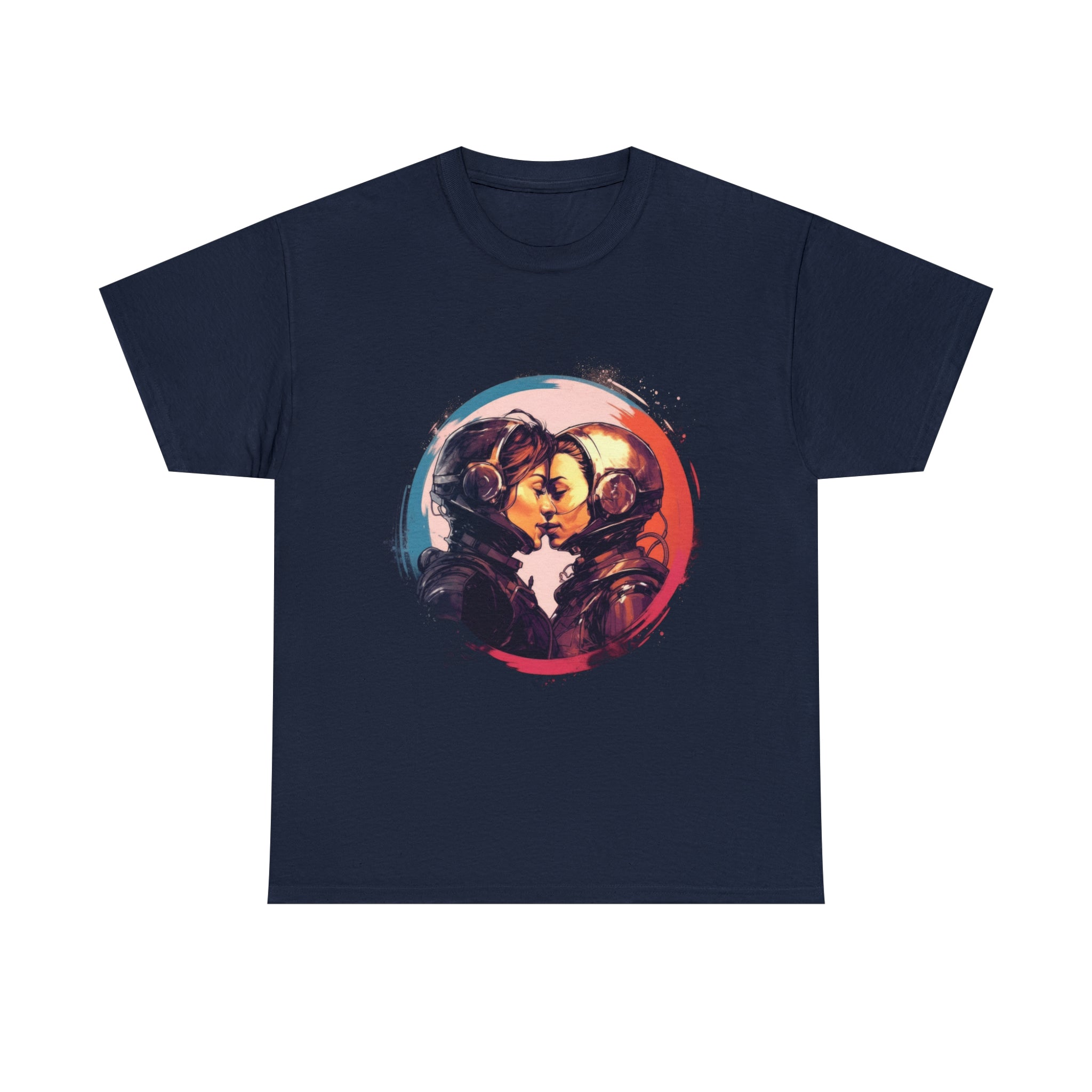 A navy-blue t-shirt displays two futuristic, sapphic astronauts kissing outlined in red-and-blue bordered circle.