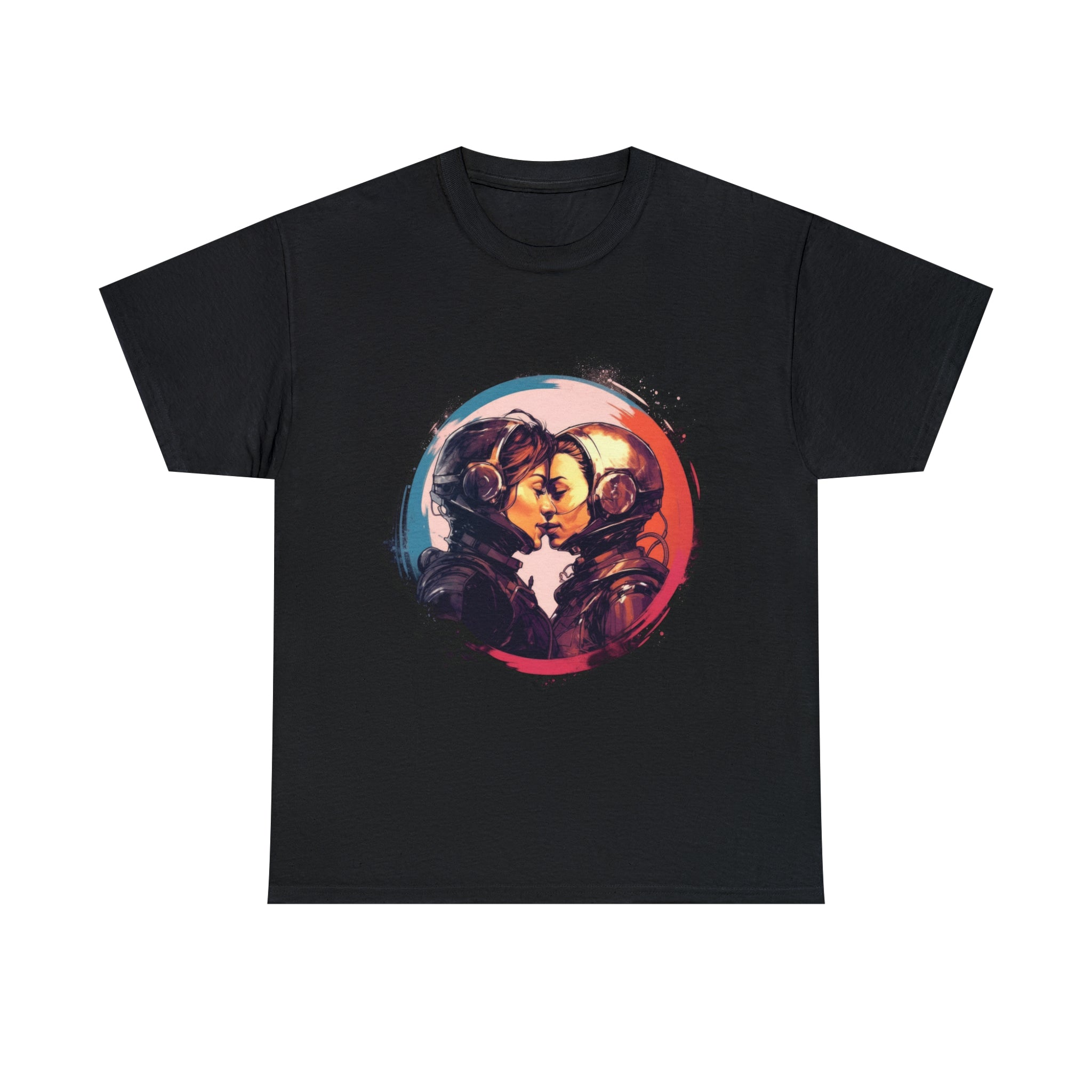 A black t-shirt displays two futuristic, sapphic astronauts kissing outlined in red-and-blue bordered circle.