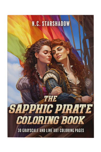 A coloring book titled "The Gay Pirate Coloring Book: Coloring Stress Relief for Adults" by N.C. Starshadow, featuring two gay pirates standing in front of Gay Pride flags on the cover. 