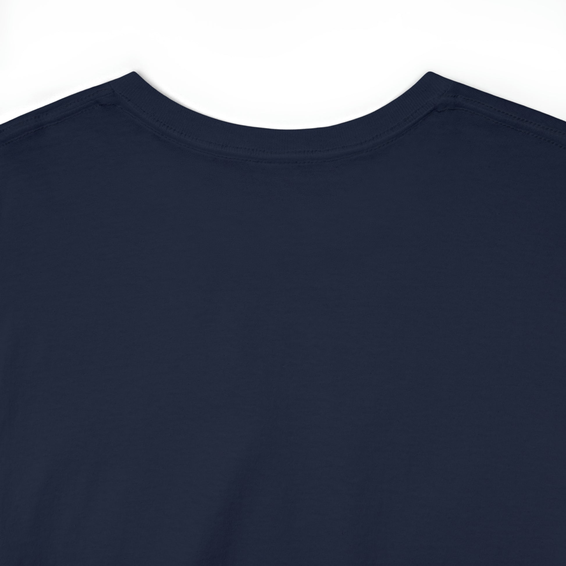 Close-up of the back collar of a black t-shirt; the shirt image (not pictured) displays two futuristic, sapphic astronauts kissing outlined in red-and-blue bordered circle.