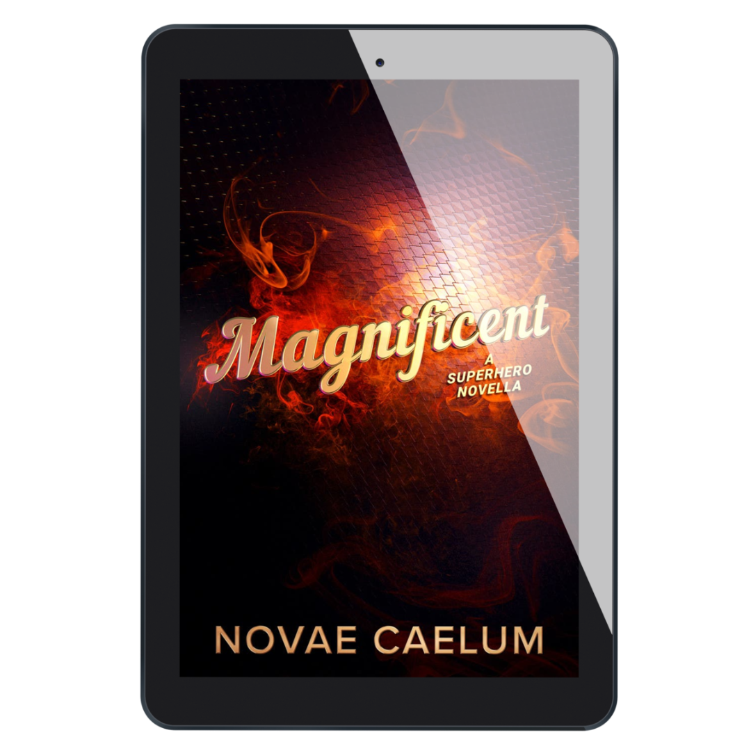 A tablet displaying the cover of the book "Magnificient: A Nonbinary Superhero Novella" by Novae Caelum, featuring an image of swirling red smoke on a black backdrop.
