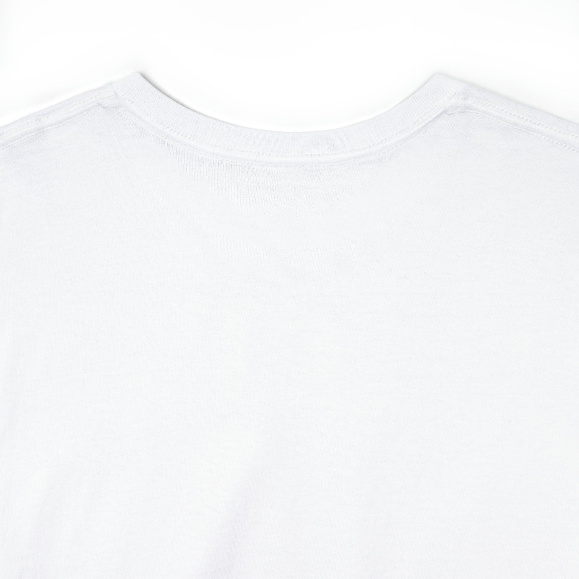 Close-up of the back collar of a white t-shirt; the shirt image (not pictured) displays a black and white image of two sapphic cyborgs with foreheads together and eyes closed in a romantic scene.