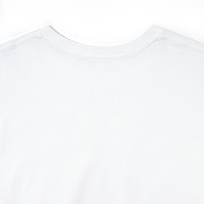 Close-up of the back collar of a white t-shirt; the shirt image (not pictured) displays a black and white image of two sapphic cyborgs with foreheads together and eyes closed in a romantic scene.