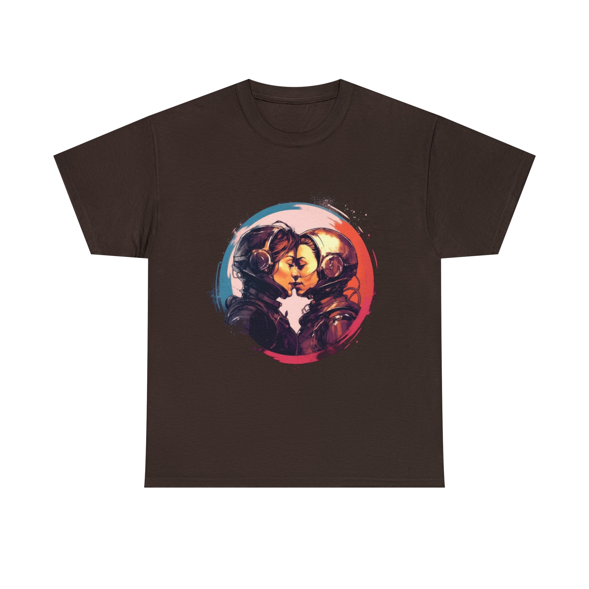 A dark-chocolate-colored t-shirt displays two futuristic, sapphic astronauts kissing outlined in red-and-blue bordered circle.