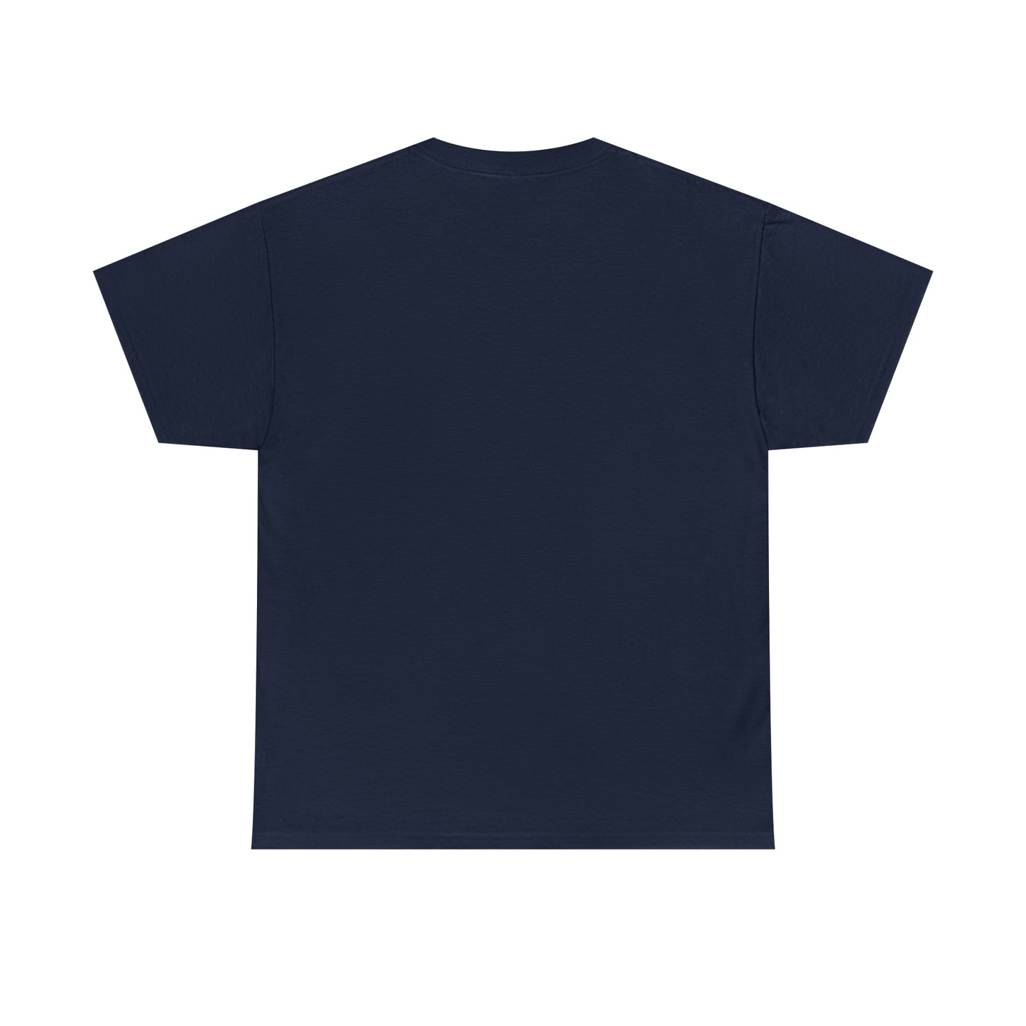 The back of a navy blue t-shirt; the front (not pictured) displays two futuristic, sapphic astronauts kissing outlined in red-and-blue bordered circle.
