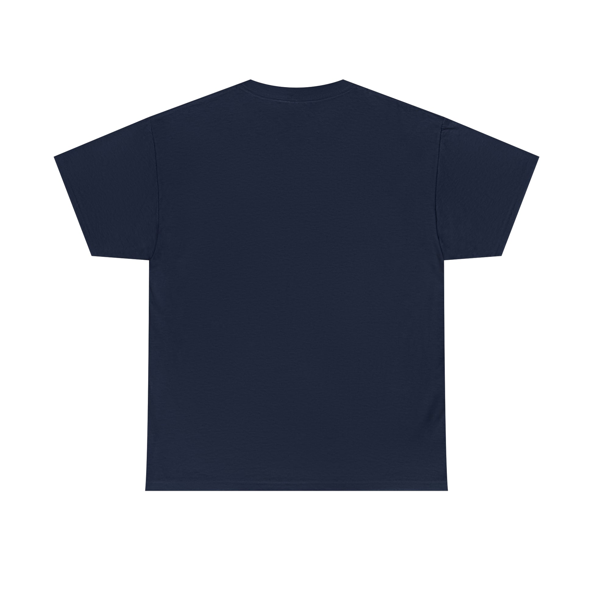 The back of a navy blue t-shirt; the front (not pictured) displays two futuristic, sapphic astronauts kissing outlined in red-and-blue bordered circle.