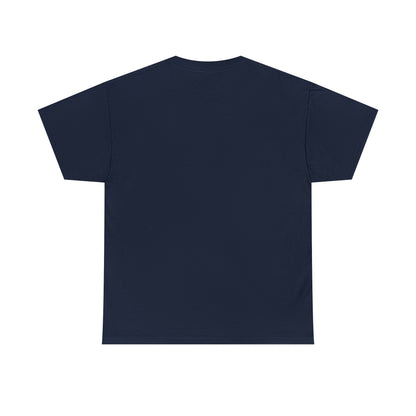 The back of a navy blue t-shirt; the front (not pictured) displays two futuristic, sapphic astronauts kissing outlined in red-and-blue bordered circle.