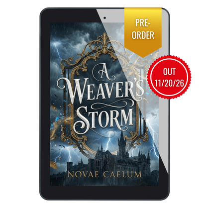 Tablet with 'A Weaver's Storm' book cover displayed, featuring a castle and stormy sky.