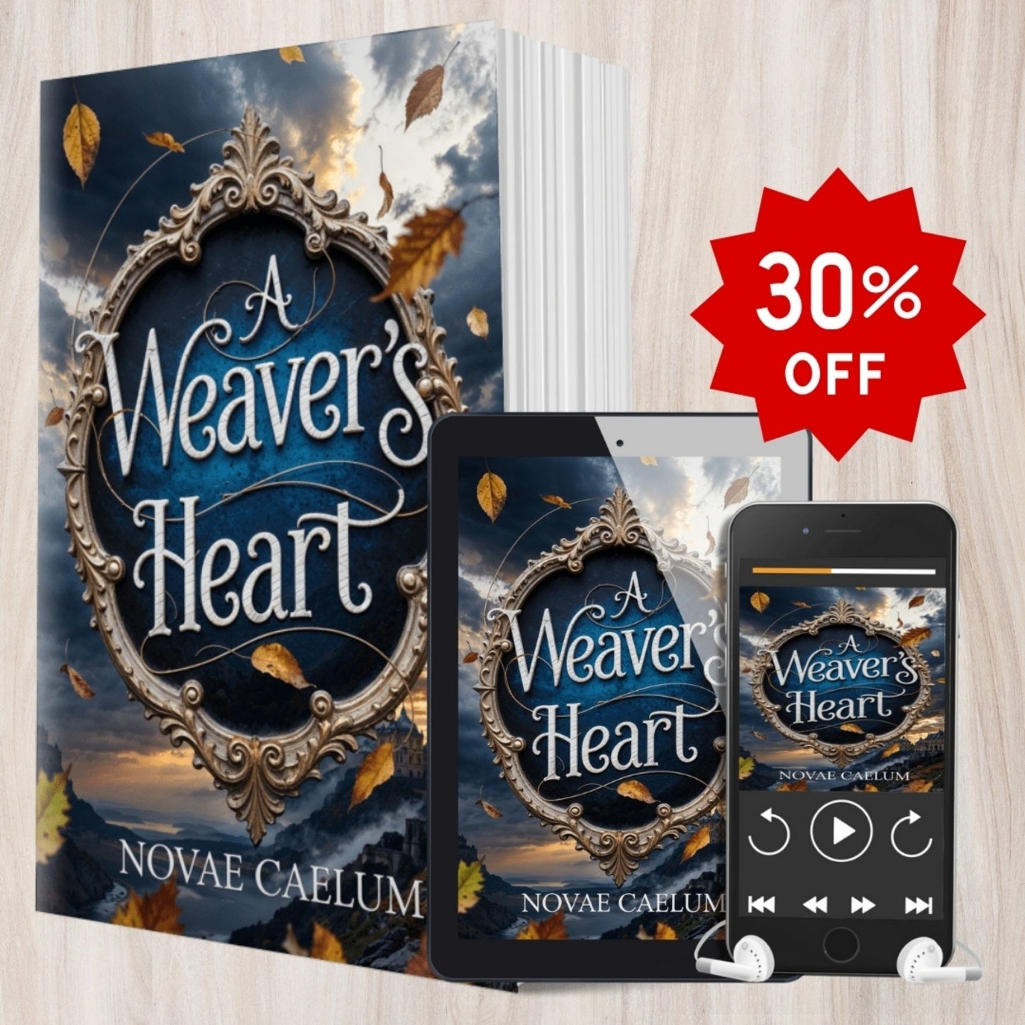 All Formats Bundle for "A Weaver's Heart" by Novae Caelum includes image of cover on paperback, tablet, and smartphone. There's a golden "pre-order" sticker and a red "30% off" sticker at the top.