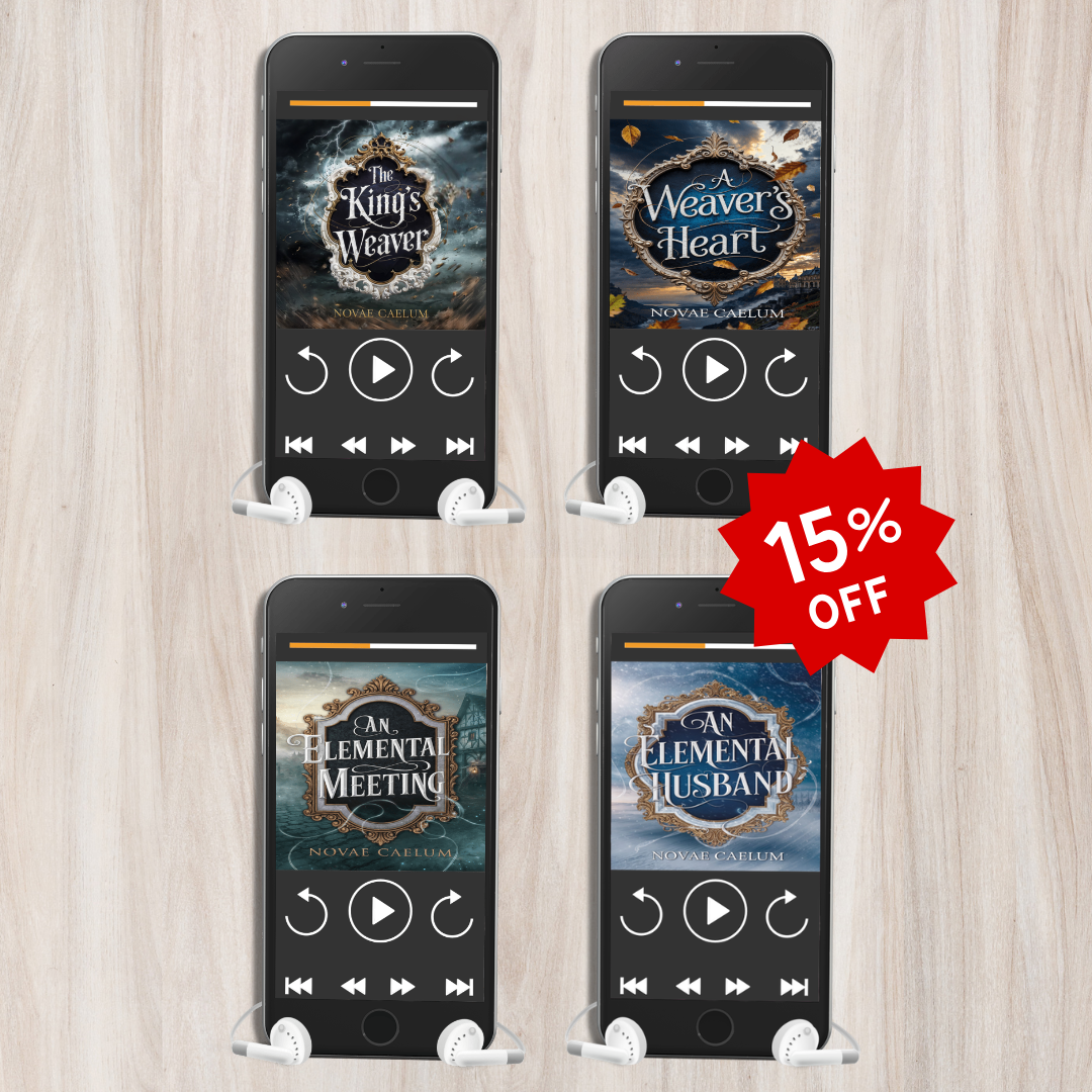 Four smartphone audiobook-player mockups for The King's Weaver series by Novae Caelum showing covers for The King's Weaver, A Weaver's Heart, An Elemental Meeting, and An Elemental Husband, with a red "15% OFF" starburst sticker, on a wood background.