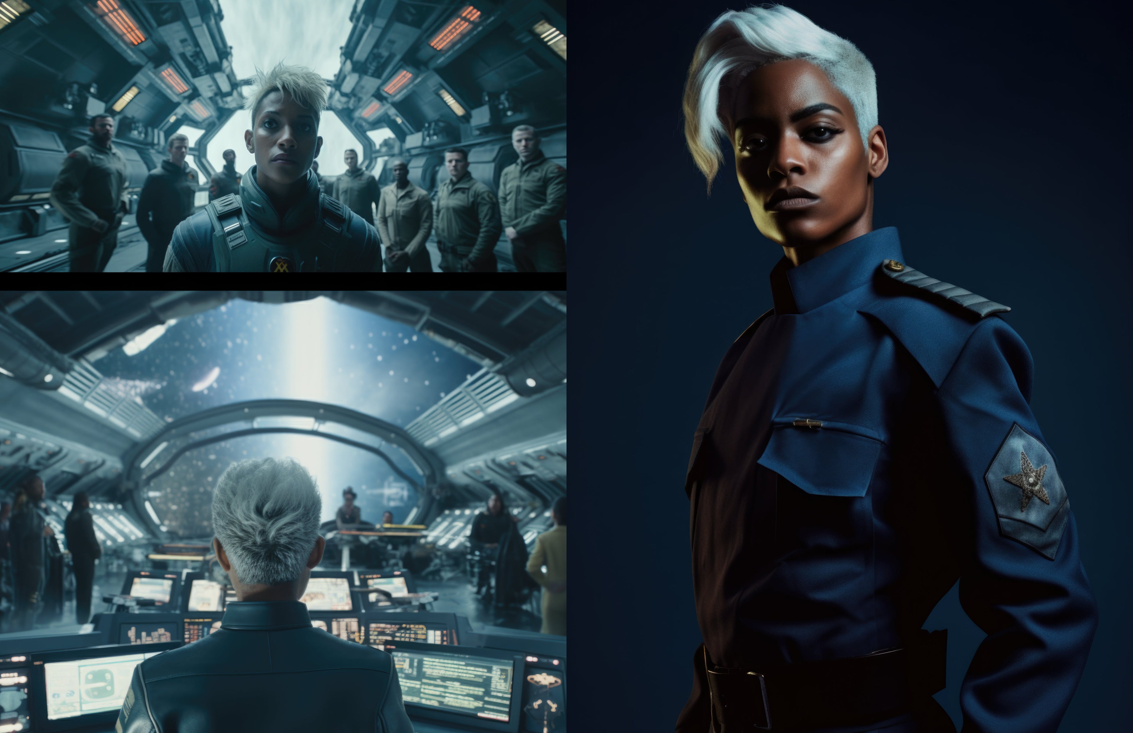 Three character portraits featuring a woman in uniform; image is from Novae Caelum's e-book version of "Dangerous Glittering Stars: A Stars and Green Magics - Art Book".