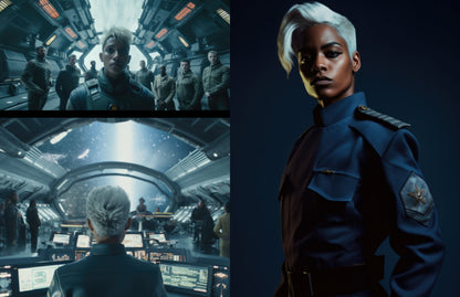 Three character portraits featuring a woman in uniform; image is from Novae Caelum's e-book version of "Dangerous Glittering Stars: A Stars and Green Magics - Art Book".
