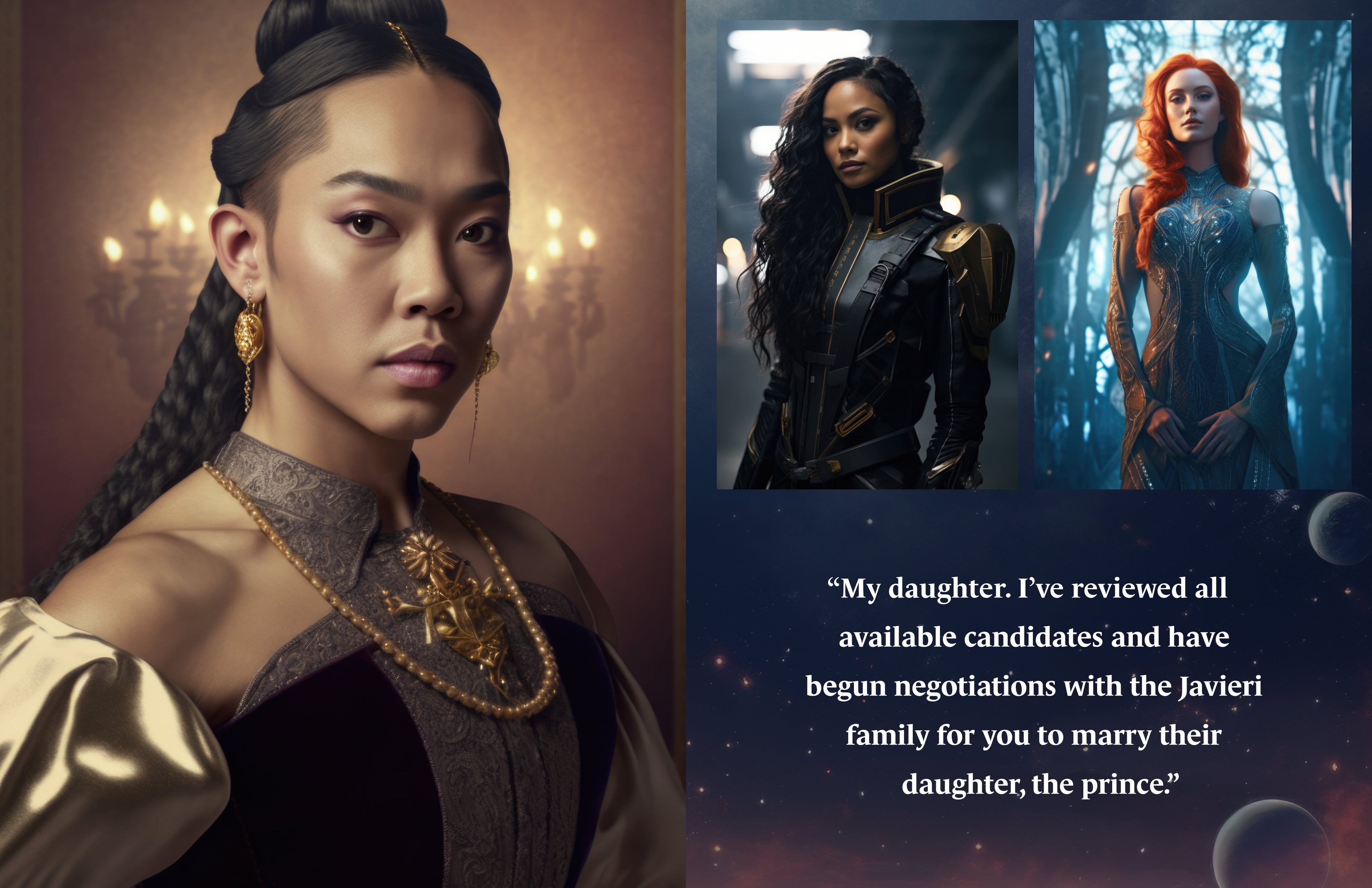 Character portraits of three women in dresses; image is from Novae Caelum's e-book version of "Dangerous Glittering Stars: A Stars and Green Magics - Art Book".