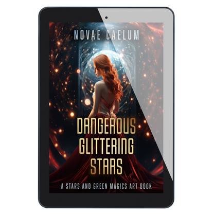 A tablet displaying the cover of the book "Dangerous Glittering Stars: A Stars and Green Magics - Art Book" by Novae Caelum, featuring a woman with long red hair standing in front of a swirling vortex of bright stars.