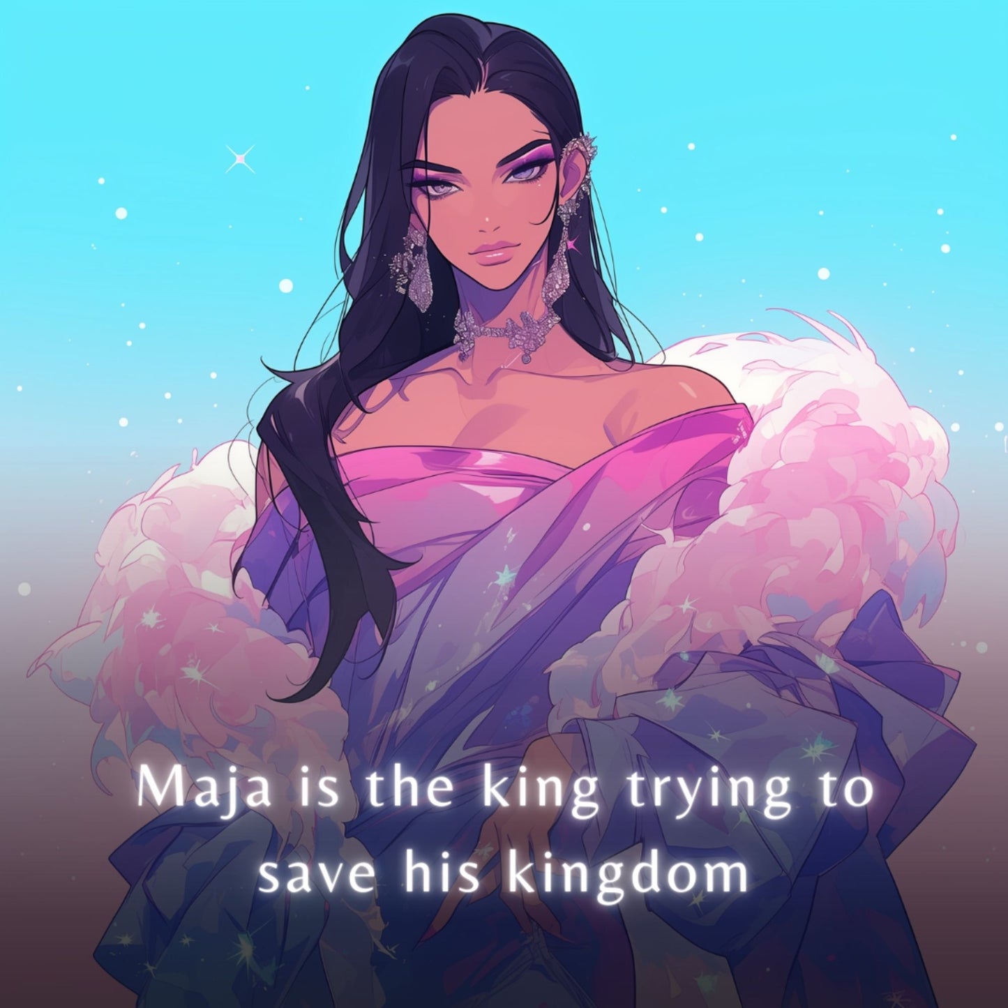 Digital portrait illustration of a striking character with long dark hair swept over one shoulder and an intense, confident expression. He is wearing elaborate, sparkling silver earrings and a matching intricate choker. He is draped in elegant, flowing fabrics in shades of pink, purple, and blue, surrounded by a voluminous, fluffy white and pink wrap.