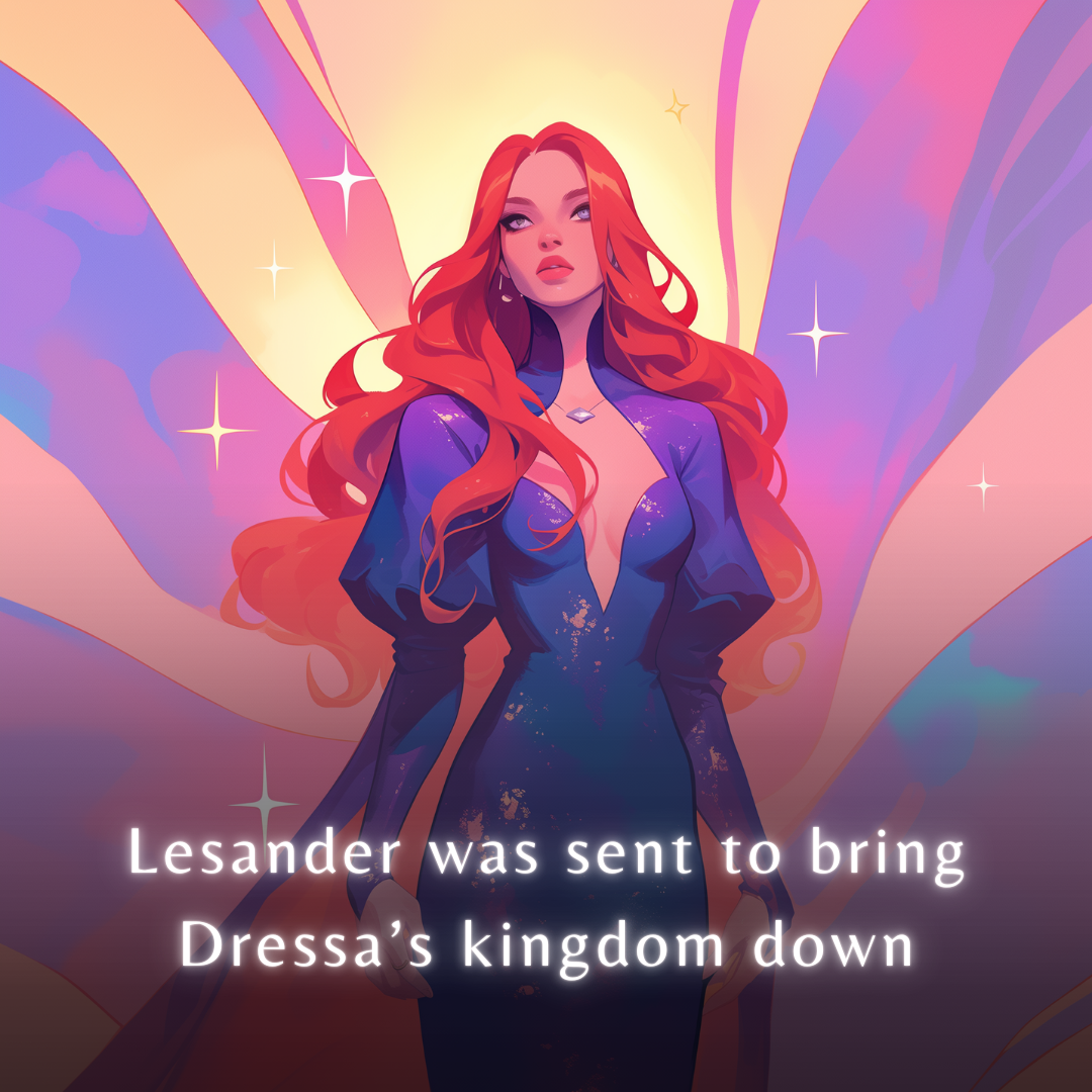 Digital illustration of a woman with long, flowing red hair and a confident, intense expression. She is wearing a deep blue, elegant gown with a plunging V-neckline, long sleeves, and subtle gold speckled accents. The background features sweeping, abstract bands of pastel purple, pink, and warm gold radiating from behind her like a halo, dotted with glowing white starbursts.