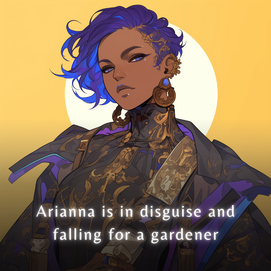 Digital portrait illustration of a confident, dark-skinned character with short, vibrant blue hair swept to one side, revealing intricate gold patterns marked on their temple. They have striking blue eyes, blue lipstick, and wear large, ornate gold earrings set with blue gemstones. They are dressed in a high-collared, dark outfit heavily detailed with gold filigree armor and purple accents.
