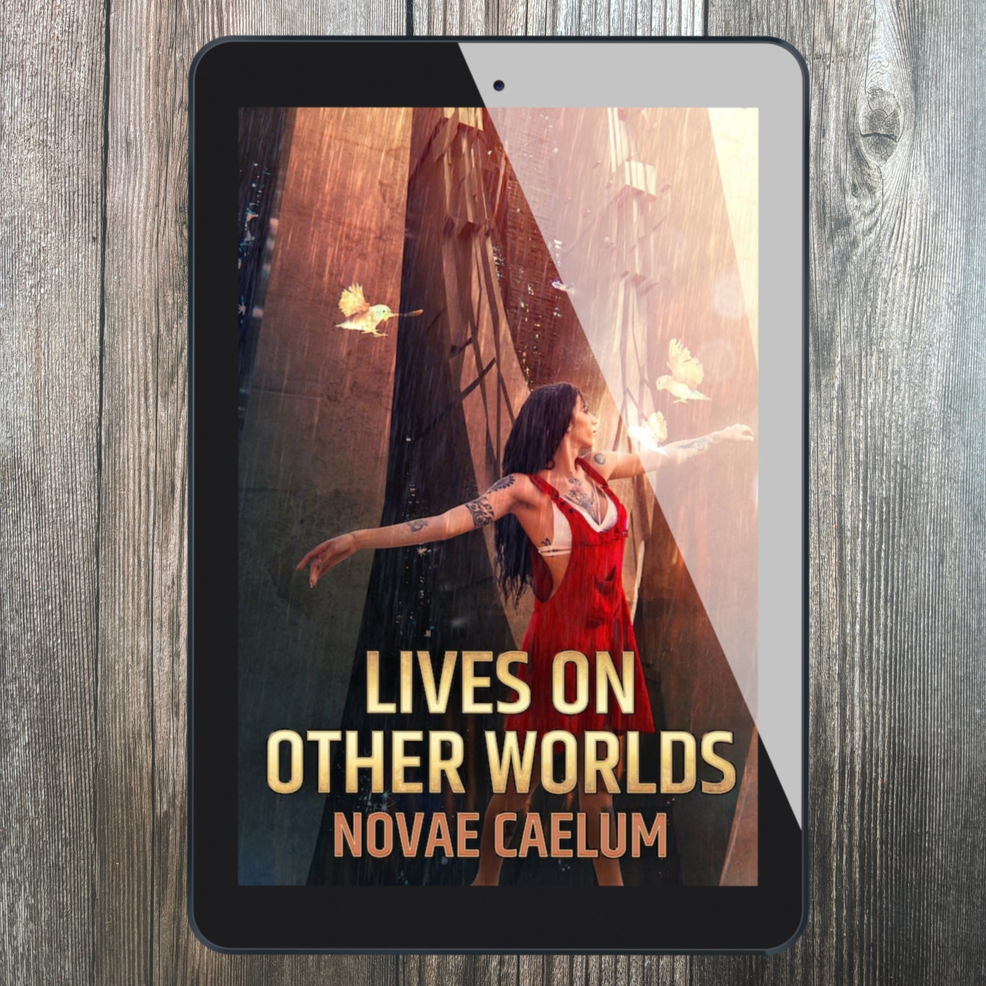 A tablet displaying the cover of the book "Lives on Other Worlds: Short Stories" by Novae Caelum, featuring an image of a woman in a sleeveless dress with outstretched arms.