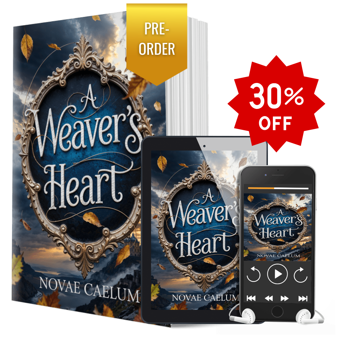 All Formats Bundle for "A Weaver's Heart" by Novae Caelum includes image of cover on paperback, tablet, and smartphone. There's a golden "pre-order" sticker and a red "30% off" sticker at the top.