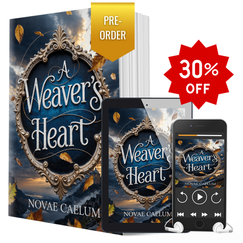 All Formats Bundle for "A Weaver's Heart" by Novae Caelum includes image of cover on paperback, tablet, and smartphone. There's a golden "pre-order" sticker and a red "30% off" sticker at the top.