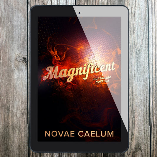 A tablet displaying the cover of the book "Magnificient: A Nonbinary Superhero Novella" by Novae Caelum, featuring an image of swirling red smoke on a black backdrop.
